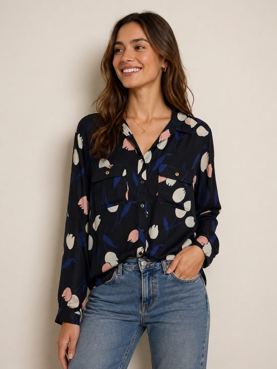 LOFT Tops - LOFT Navy Button-Front Shirt with Pink & Cream Floral Print Large